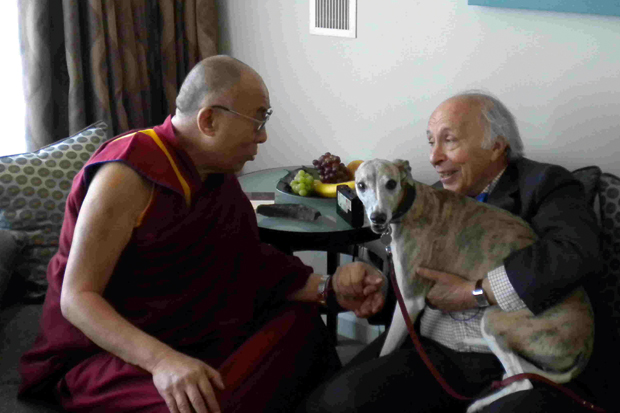 Jonathan Mirsky and his whippet, Iris, with the Dalai Lama