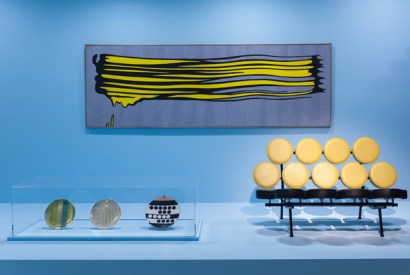 Installationat ‘Pop Art Design’exhibition, showing Roy Lichtenstein’s ‘Yellow Brushstroke II’, 1965, plates by Eduardo Paolozzi (c.1972) and Ettore Sottsass (1958) and ‘Marshmallow’ sofa, 1956, by George Nelson Associates