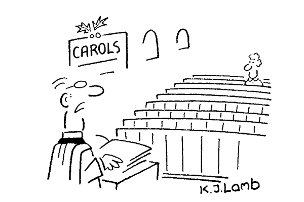 ‘We shall now sing O Come All Ye Faithful, stressing the word “all” in a sarcastic manner.’