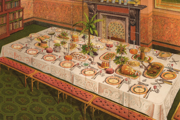 A well-laden supper table, according to Mrs Beeton, set for 16, with an exotic central floral arrangement (1861)