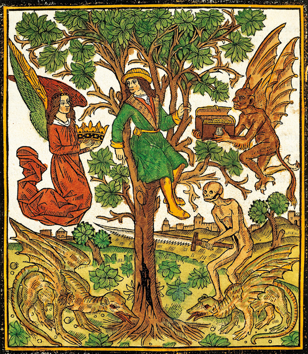 Man between vice and virtue in St Augustine’s City of God. French incunabulum from Abbeville, 1486-87