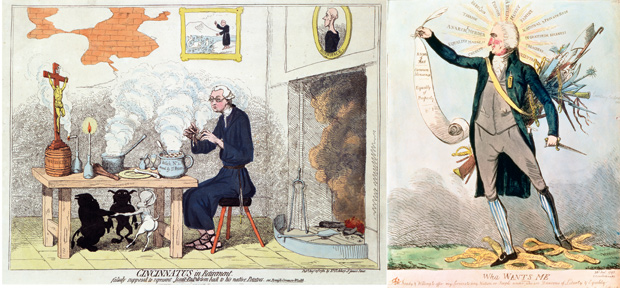 Edmund Burke (left) and Thomas Paine, caricatured by Gillray and Cruickshank respectively