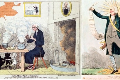 Edmund Burke (left) and Thomas Paine, caricatured by Gillray and Cruickshank respectively