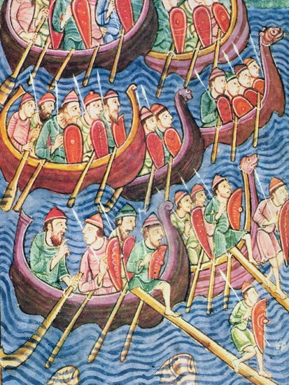 The Vikings arrive in England during the second wave of migration (Scandinavian school, 10th century)