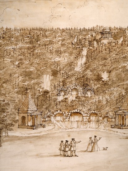Design by William Kent for a cascade at Chatsworth, c.1735–40; below, the Bute epergne, 1756, by Thomas Heming, designed by Kent
