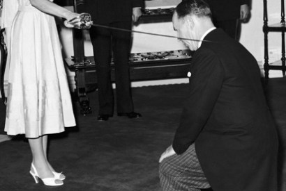 Sword of honour: Queen Elizabeth II knights Sir Garfield Barwick at Government House in Sydney, 6 February 1954, during her royal tour of Australia