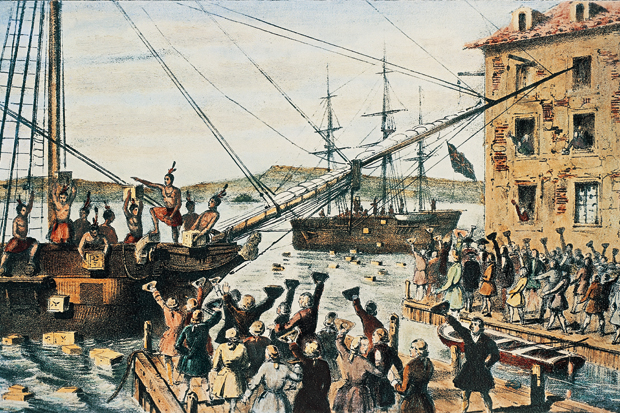 English tea-chests are thrown into Boston harbour, 16 December 1773