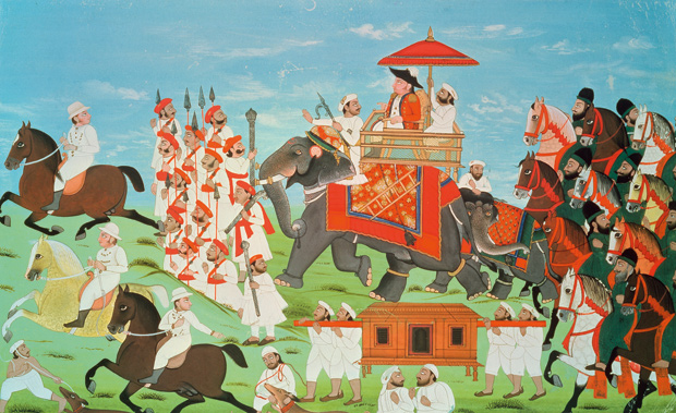 Colonel James Tod, travelling by elephant through Rajasthan with his cavalry and sepoys (Indian school, 18th century)