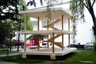 Le Corbusier’s design for the Maison Dom-ino of 1914, built for the first time, in front of the Central Pavilion at the Biennale Gardens, by a team from the Architectural Association in London