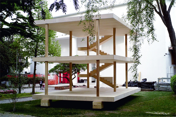 Le Corbusier’s design for the Maison Dom-ino of 1914, built for the first time, in front of the Central Pavilion at the Biennale Gardens, by a team from the Architectural Association in London