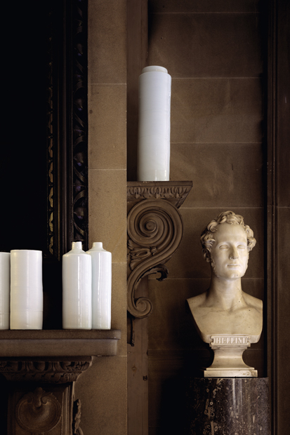 ‘A Sounding Line’ (2006–7). Detail of de Waal’s 66 porcelain vessels in white and celadon glazes, Chatsworth House, Derbyshire