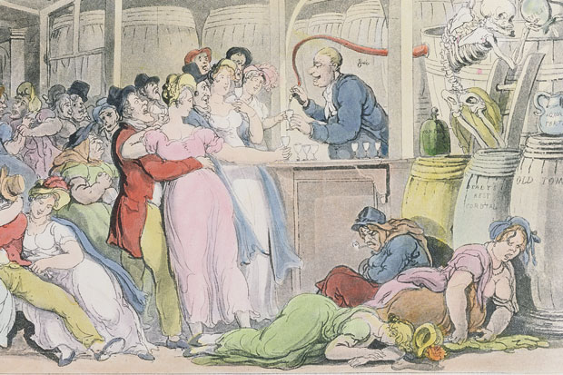 ‘Some find their death by swords and bullets; and some by fluids down the gullet’. Thomas Rowlandson’s illustration of ‘The English Dance of Death’ by William Combe, 1815 — a satire on the evils of drinking gin