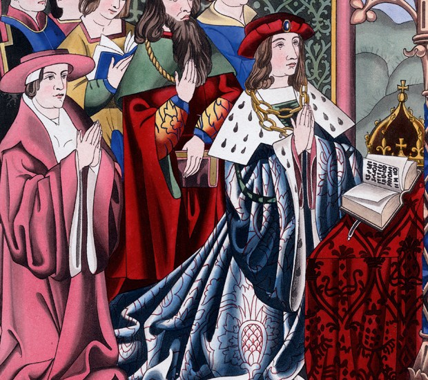 Henry VI did at least fulfil one function of kingship — that of ‘sacerdos’. Kneeling behind him is his uncle Henry Cardinal Beaufort, and standing (bearded) is another uncle, the ‘good Duke’ Humphrey
