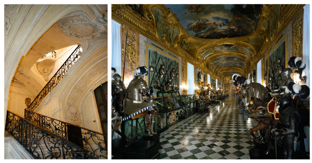 Left: Scalone Juvarriano delle Forbici, a gravity-defying switchback flight of fancy. Right: Interior of the Royal Armoury, which offers a breathtaking canter through the history of human weaponry