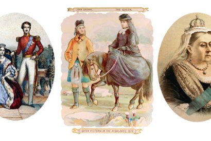 Scenes from a long life. Left to right: the vulnerable young queen, in thrall to Prince Albert; overcoming her demons with the help of John Brown — depicted in a popular souvenir cut-out; and the matriarch as Empress of India
