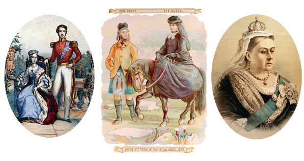 Scenes from a long life. Left to right: the vulnerable young queen, in thrall to Prince Albert; overcoming her demons with the help of John Brown — depicted in a popular souvenir cut-out; and the matriarch as Empress of India