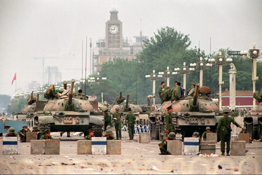 The People's Liberation Army  (PLA) tanks guard a