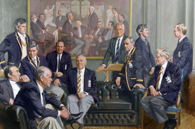 ‘Conversation Piece’, 1997, by Andrew Festing, Marylebone Cricket Club, featuring: Geoffrey Boycott (Yorkshire), A.P.E. Knott and D.L. Underwood (Kent); middle row, F.J. Titmus (Middlesex), R. Illingworth (Yorkshire and Leicestershire), D.L. Amiss and M.J.K. Smith (Warwickshire), front row, J.H. Edrich (Surrey) and D.B. Close (Yorkshire and Somerset); the first conversation piece is in the background
