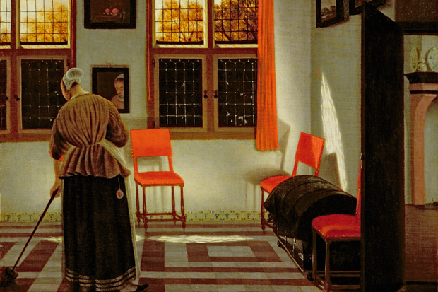 Sweeping away evidence: where in those calm, tile-floored 17th-century rooms can we even glimpse a spittoon? ‘Dutch Interior’ by Pieter Janssens Elinga