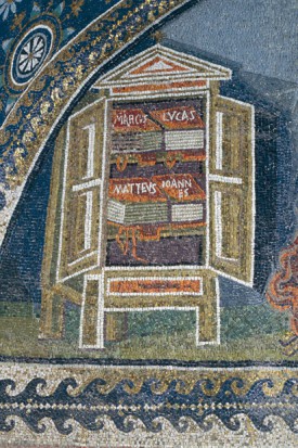 The four neat codices of the Evangelists in a cupboard. Mosaic in the Mausoleum of Galla Placidia,  Ravenna, first half of the fifth century