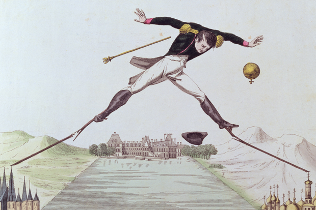 What, in the end, was it all for? In a French caricature of 1814, Napoleon precariously spans Madrid and Moscow and begins to topple. Fontainebleau — scene of his abdication — is depicted centre-stage