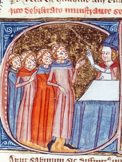 Perhaps the most formative years in our history were when ‘every second person suddenly died in agony — and no one knew why.’ Above, plague victims are blessed by a priest in the 14th-century ‘Omne Bonum’ by James le Palmer