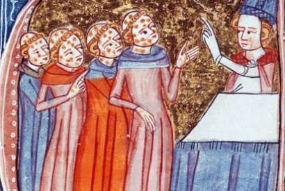 Perhaps the most formative years in our history were when ‘every second person suddenly died in agony — and no one knew why.’ Above, plague victims are blessed by a priest in the 14th-century ‘Omne Bonum’ by James le Palmer