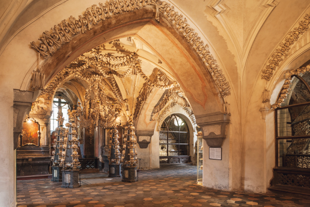 The ossuary at Sedlec in Czechoslovakia, where garlands of skulls drape the vault. The chapel is thought to contain the skeletons of up to 70,000 people