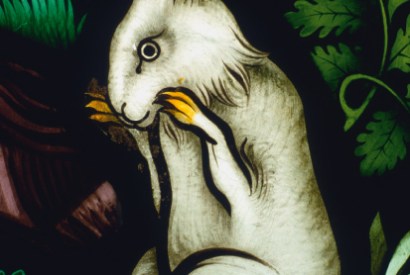 From ‘The Temptation of Eve’: detail of glass from Ely Cathedral designed by Pugin, 1858