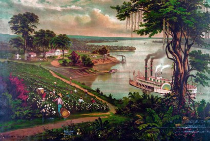 An idealised view of a cotton plantation beside the Mississippi, c. 1880