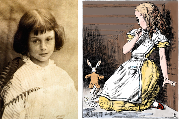Left to right: Alice Liddell (photographed by Dodgson) and Alice and the White Rabbit by John Tenniel