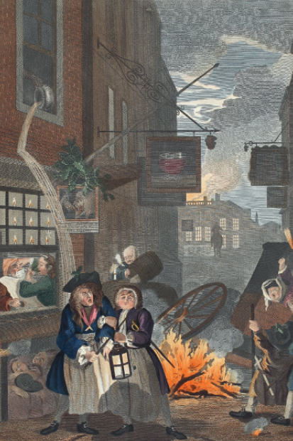 William Hogarth’s ‘Night’, in his series ‘Four Times of the Day’ (1736), provides a glimpse of the anarchy and squalor of London’s nocturnal streets
