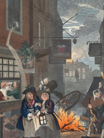William Hogarth’s ‘Night’, in his series ‘Four Times of the Day’ (1736), provides a glimpse of the anarchy and squalor of London’s nocturnal streets