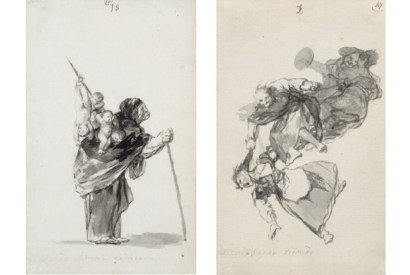 Left: ‘Dream of a good witch’, c.1819–23, by Goya Right: ‘Bajan niñendo (They descend quarrelling)’, c.1819–23, by Goya
