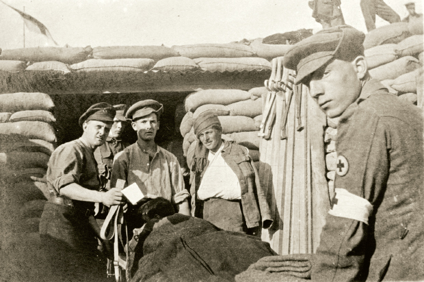 RAMC stretcher-bearers from the South Eastern Mounted Brigade enter the Field Ambulance dressing station at Y Ravine. Picture courtesy of Stephen Chambers