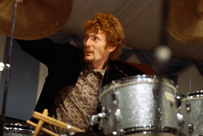 Ginger Baker plays the drums at Cream’s first live performance at the Windsor Festival, 31 July 1966