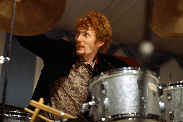 Ginger Baker plays the drums at Cream’s first live performance at the Windsor Festival, 31 July 1966