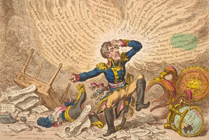 James Gillray’s ‘Maniac Ravings or Little Boney in a Strong Fit’ (published 24 May 1803). From Bonaparte and the British: Prints and Propaganda in the Age of Napoleon by Tim Clayton and Sheila O’Connell (The British Museum, £25, pp. 246, ISBN 9780714126937). The book accompanies an exhibition at the British Museum until 16 August