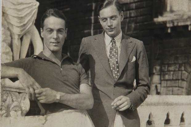 Lankily elegant and exquisitely dressed: Peter Watson (right) with Oliver Messel