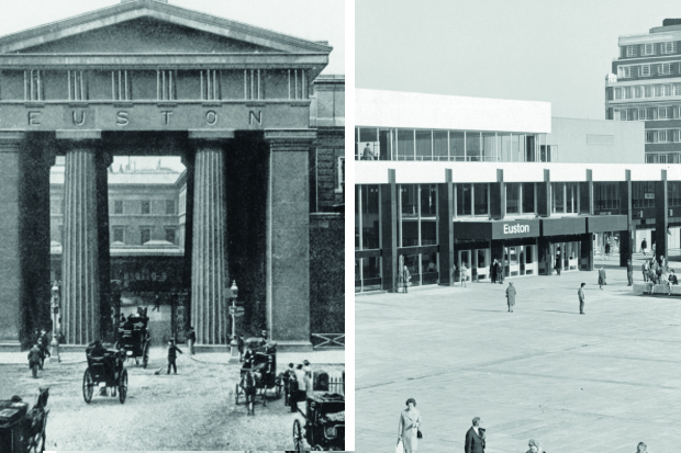 Arch enemies: Euston Arch (left), torn down to make way for London’s most miserable train station (right)