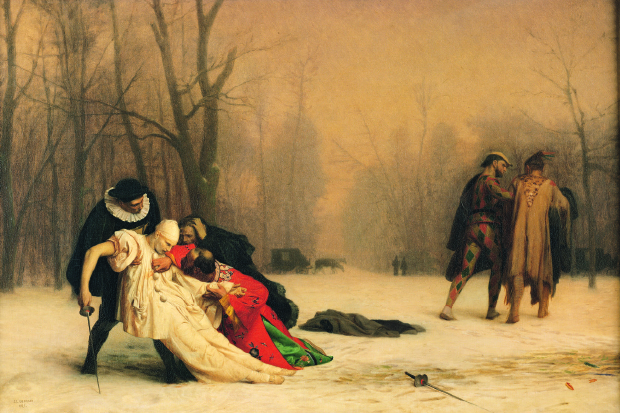 ‘The Duel after the Masquerade’ by Jean-Léon Gerome was exhibited to great acclaim in Paris in 1857, and a year later in London. The art historian Francis Haskell has suggested that the mysterious duelling figures from the commmedia dell’arte are characters in a story by Jules Champfleury