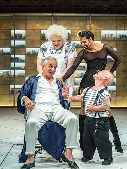 Volpone and his coterie of misfits, L–R from the back: Julian Hoult (Castrone), Ankur Bahl (Androgyno), Henry Goodman (Volpone) and Jonathan Key (Nano)