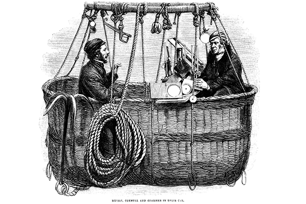 Henry Coxwell and James Glaisher in their balloon car, studying the moisture content of the atmosphere
