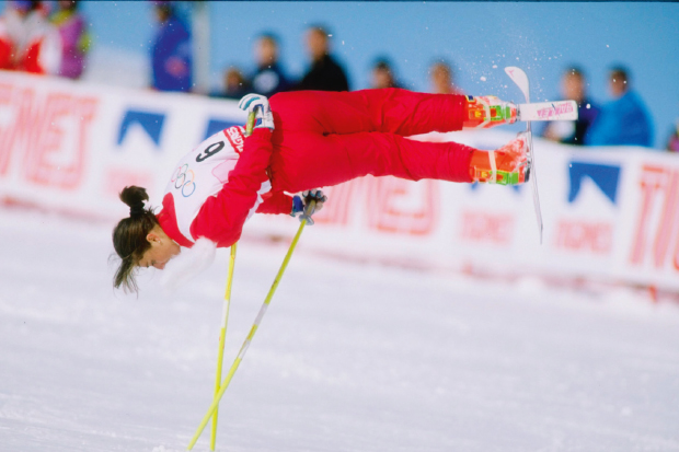Looking idiotic: Cathy Fechoz performs ski ballet at the Olympic Games, Albertville, 1992. The sport no longer exists
