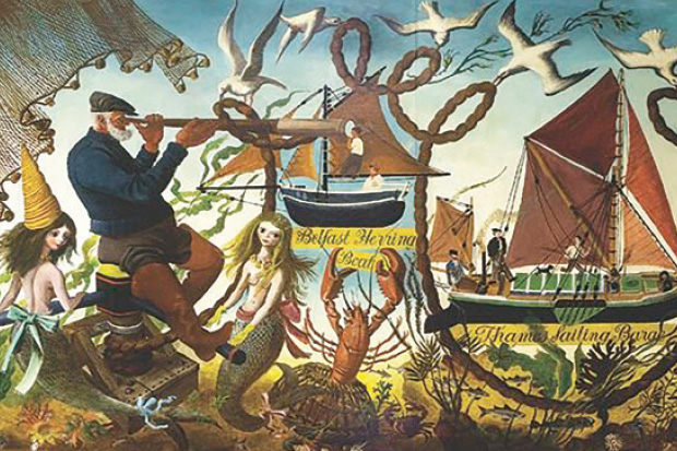 ‘Working Boats from around the British Coast’: mural with mermaids and a dancing lobster by the visionary artist Alan Sorrell, commissioned for the Festival of Britain, 1951