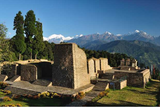 Rabdentse, near Pelling, the ruined former capital of Sikkim, with Mount Kanchenjunga in the distance