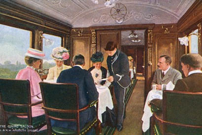 The dining car of the London to Liverpool express — back when croutons were still served with the soup