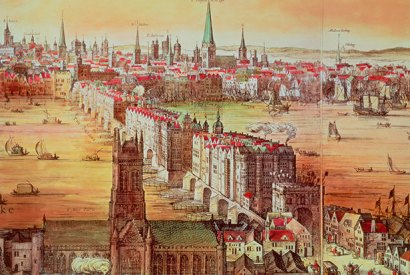 The city became cacophonous with bells: a detail of Claes Visscher’s famous early 17th-century panorama shows old London Bridge and some of the 114 church steeples that constantly tolled the death knells of plague victims