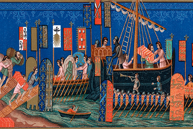 A French illuminated manuscript shows supplies being loaded onto boats before departing for the Crusades