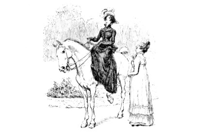 With rain threatening, Jane Bennet departs for Netherfield — with her mother’s approval. Illustration by Hugh Thomson for Pride and Prejudice (1894)